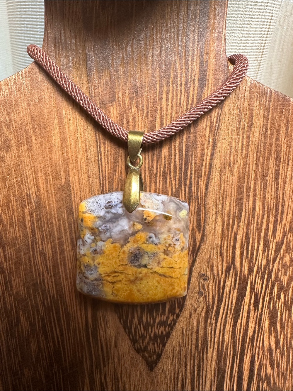 Unique Square Yellow Jasper Pendant Necklace on Brown Rope - Picture 4 of 14